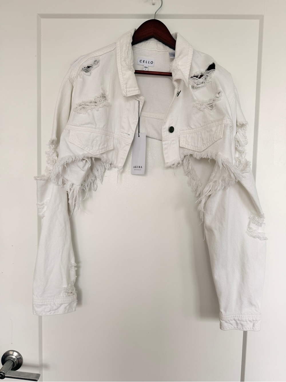 Cello White Distressed Cropped Denim Jacket